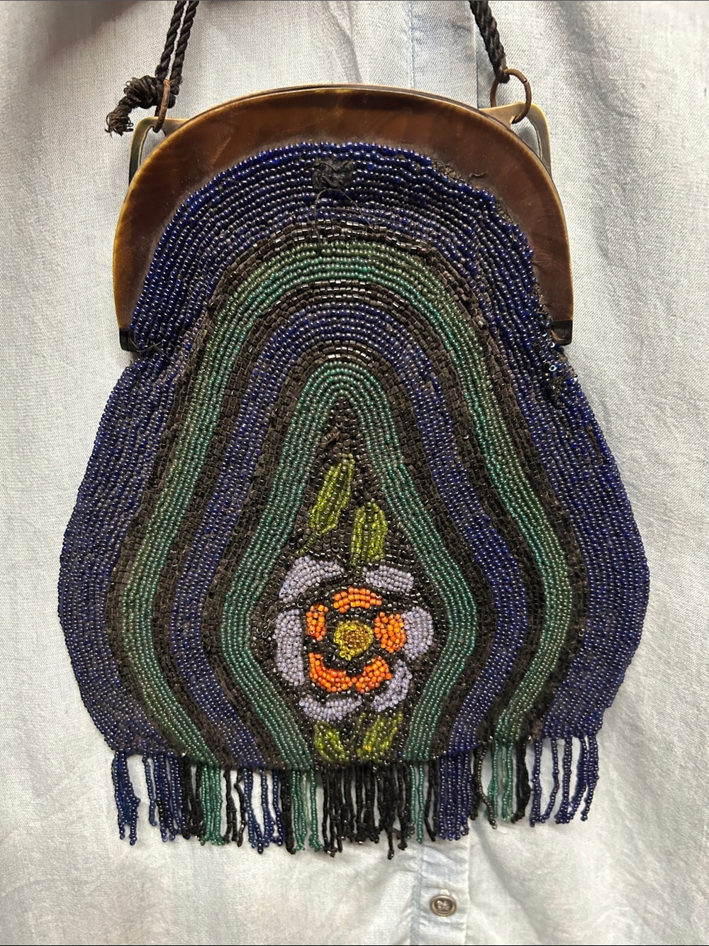 Vintage Beaded Floral Fringe Handbag in Navy, Green, Orange - Picture 3 of 10